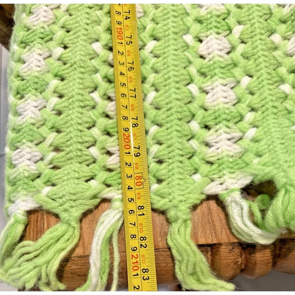 VTG Crochet Granny Square Blanket Green White Fringe Cottage Grandma 83X63 In